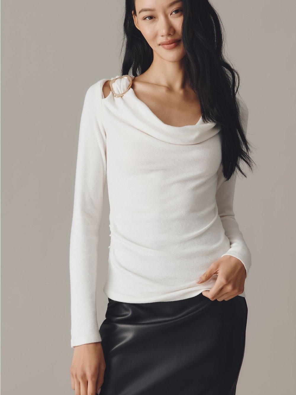 Anthropologie Cream Drape-Neck Sweater with Decorative Ring, size medium NWT